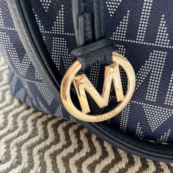 Milan Purse Shoulder Bucket Bag Navy Blue Canvas W/ Monogram White Double Handle - Picture 7 of 8